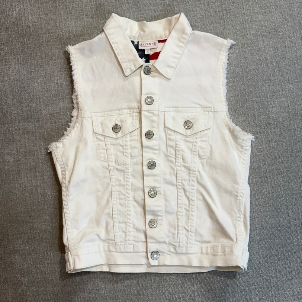 Shyanne White Denim Vest Small Distressed American Flag Patriotic Western